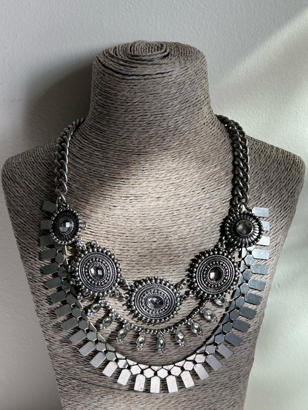Aldo Silver-Tone Statement Necklace with Ornate Medallions